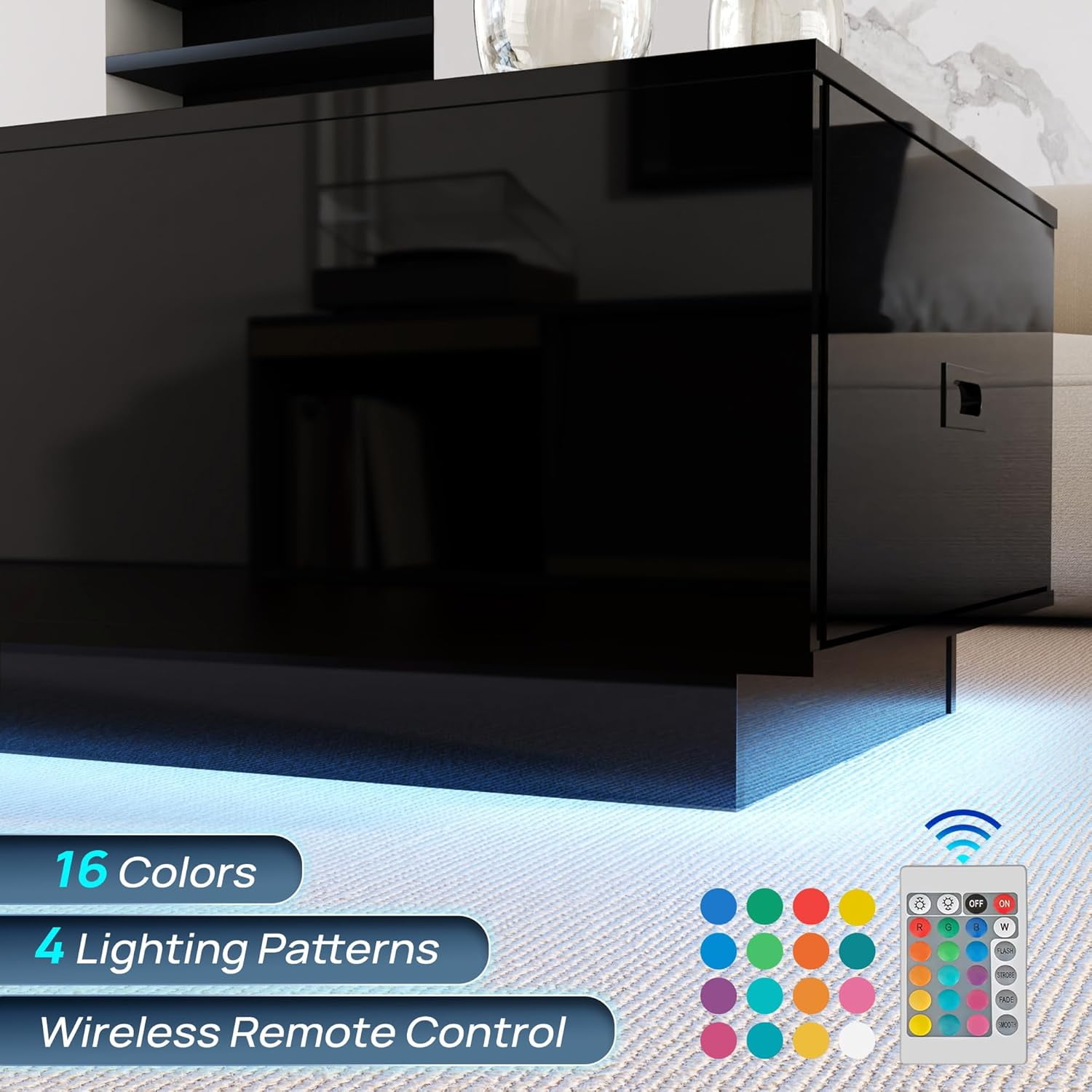 DIYART Black High Glossy Coffee Table, led Coffee Table with 2 Drawers, Modern Coffee Table for Living Room, Coffee Table with LED