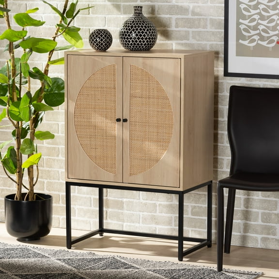 Baxton Studio Ardon Bohemian Light Brown Finished Wood and Black Metal 2-Door Storage Cabinet with Natural Rattan