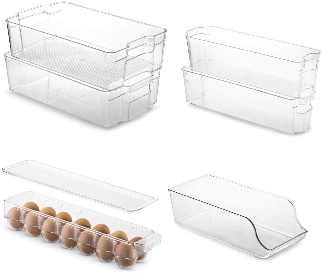 Set of 6 Refrigerator Organizer Bins - Stackable Fridge Organizers for Freezer, Kitchen, Countertops, Cabinets - Clear Plastic Pantry Storage Racks