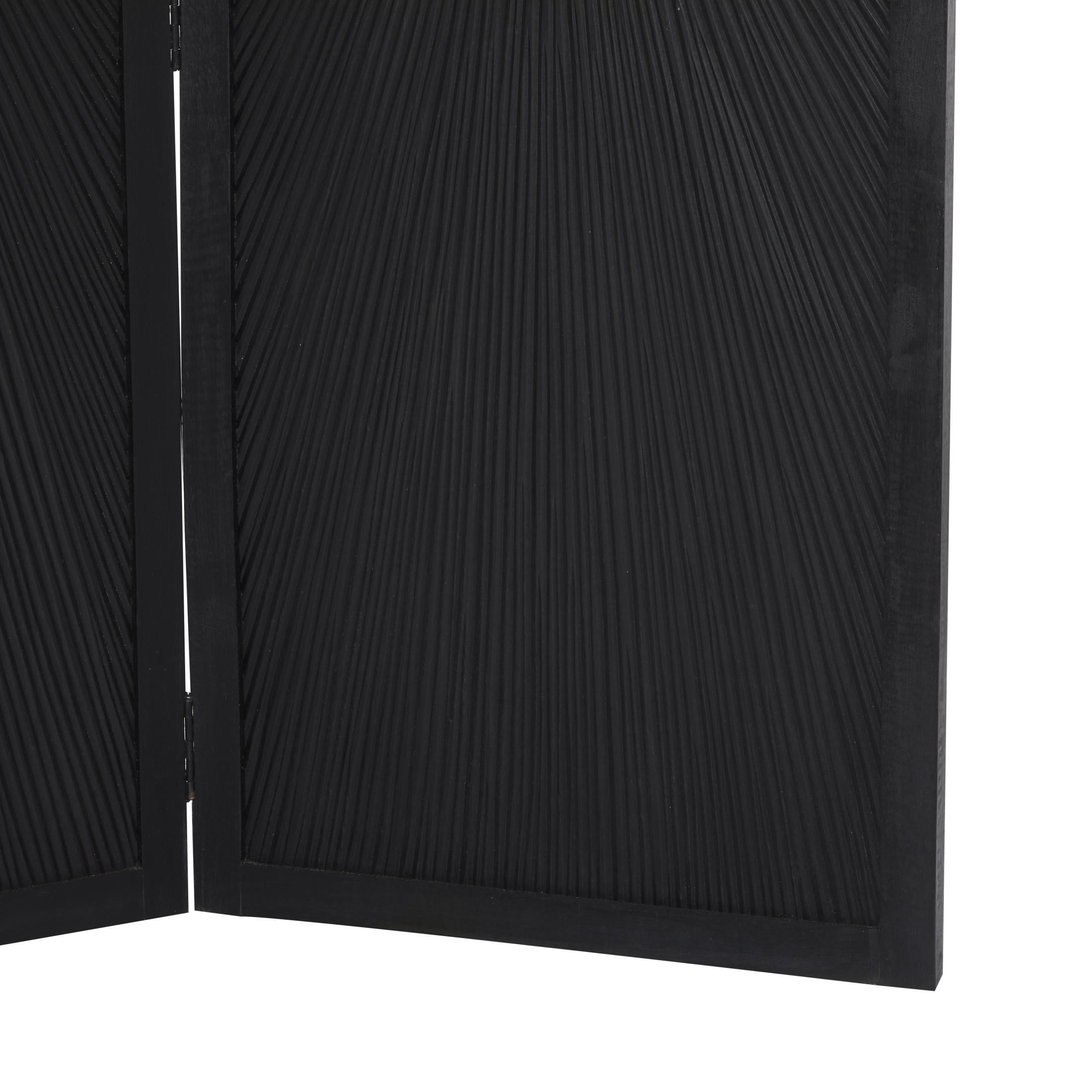 DecMode 59" x 70" Black Mango Wood Foldable Partition 3 Panel Room Divider Screen with Carved Design, 1-Piece