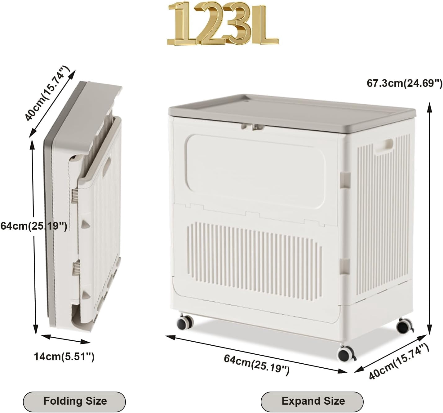 Large 123L Plastic Laundry Basket with Lid and Wheels – Creamy White & Grey Rolling Hamper, Foldable, Durable PP Plastic for Bathroom, Bedroom, and Narrow Spaces