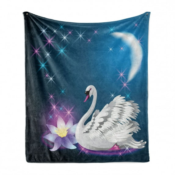 Swan Soft Flannel Fleece Blanket, Magic Lily and Fairy Swan at Night Swimming in Lake Under Moon and Stars Picture Art, Cozy Plush for Indoor and Outdoor Use, 70" x 90", Blue White, by Ambesonne