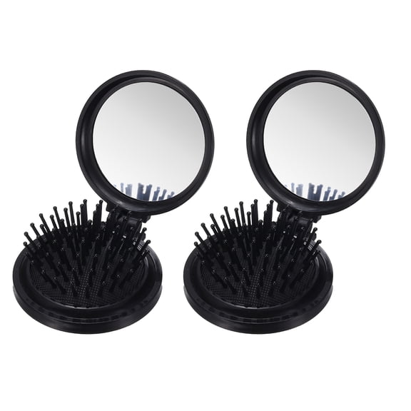 Uxcell 2 Pcs Mini Compact Travel Hair Brush, Round Folding Hairbrush Pocket Hair Brush with Mirror, Compact Massage Comb for Purse, Women Girls Travel Daily Use, Black