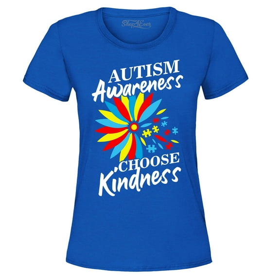 Shop4Ever Women's Autism Awareness Flower Choose Kindness Graphic T-Shirt Small Royal Blue