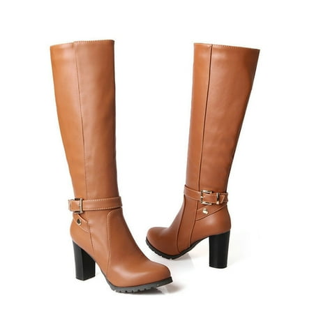 

eczipvz Womens Shoes Boots for Women Women s Winter New Thick Heel High Heel Platform Round Head High Leather Wide Calf Leather Boots for Women plus Size Brown-6.5