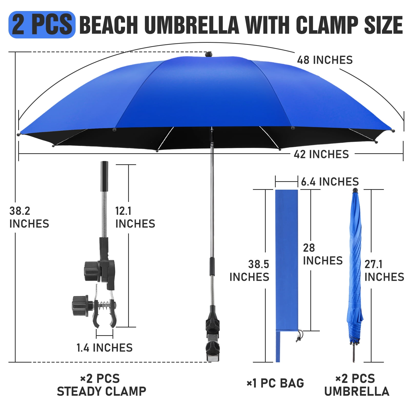 42" 2 Pack Beach Chair with Umbrella,99.99% UV Protection Chair Umbrella, UPF50+ 360° Adjustable Beach Chair Umbrella with Clamp(Azure Blue, Not Include Chair)