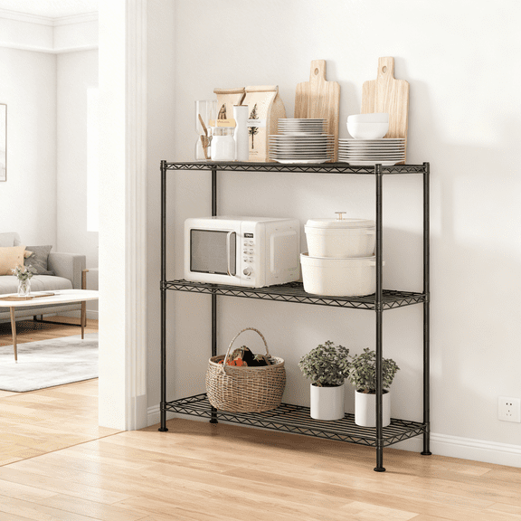 LEDREM 3-Tier Metal Wire Shelving Unit, Adjustable Storage Shelf with Steel Frame, for Garage, Kitchen, Pantry, 35.4 x 35.4 x 11.8 Inches, Ink Black