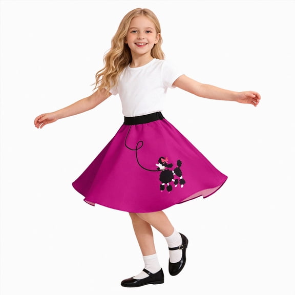 NOLDARES 50s Costumes for Girls 50s Poodle Dress with Polka-Dot Printed Scarf for Kids Halloween Costume(Hot Pink,7-12 Years)