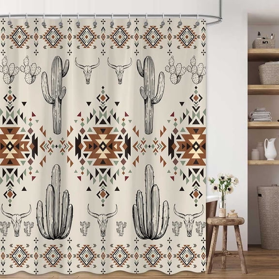 Western Shower Curtain, Southwestern Aztec Tribal Geometric Cactus Rustic Country Shower Curtain fo Bathroom Decor Set, Polyester Waterproof Bath Curtains with 12 Hooks 72x72 inch