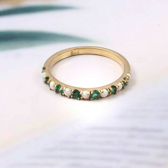 Emerald opal wedding band half eternity art deco emerald opal ring 925 Silver gemstone promise bridal matching band May birthstone custom.