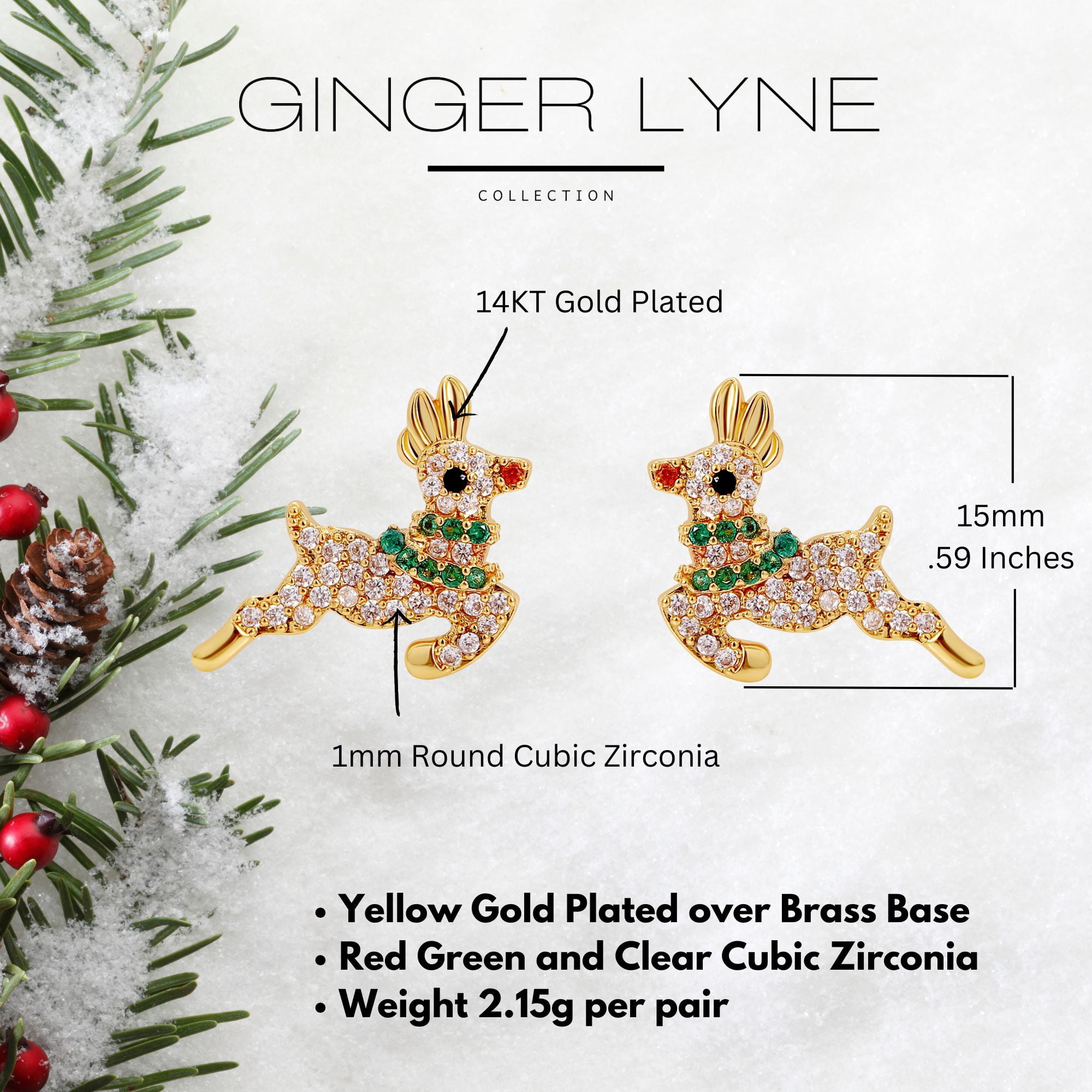 Christmas Reindeer Earrings Womens Flying Deer 14KT Gold Plated Stud CZ Ginger Lyne Collection