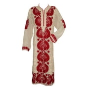 Mogul Woman's Long Kurti Beige Georgette Designer Ethnic Red Embroidered Tunic Dress XXXL