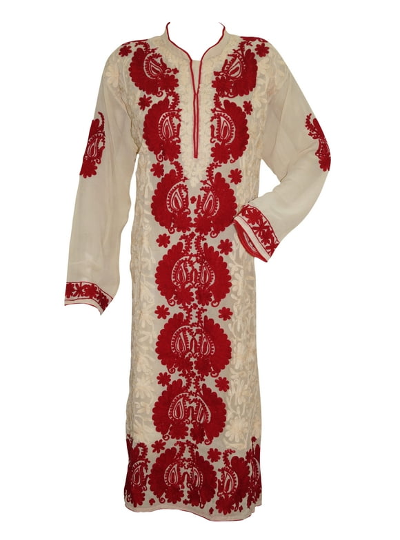 Mogul Woman's Long Kurti Beige Georgette Designer Ethnic Red Embroidered Tunic Dress XXXL