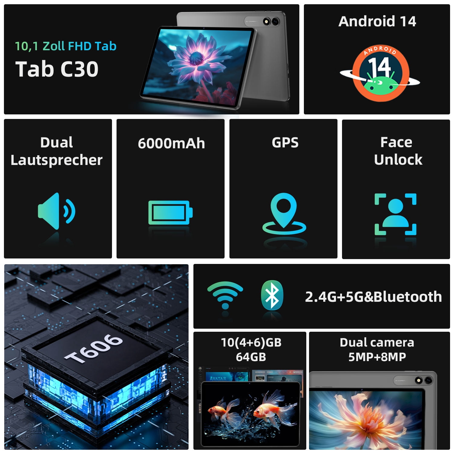 Android Tablet with Keyboard, Android 14 Tablet 10.1 inch, 10GB+64GB+1TB Expand, 2-in-1 Tablets with 8-Core, 5G WiFi, 6000mAh, BT, GMS, GPS, Gemini AI, Tablets PC with Mouse, Case, Stylus(Black)