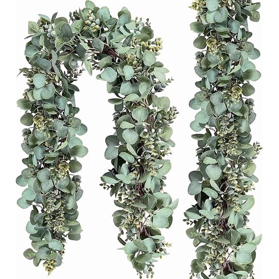 Scidweet 2Pcs Fake Greenery Eucalyptus Garlands, 6.56FT Faux Silver Dollar Leaves Boxwood with Eucalyptus Leaves Artificial Greenery Vines for Baby Shower Wedding Party Table Runner Room Home Mantle