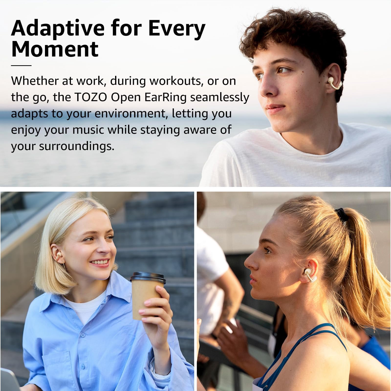 TOZO OpenEarRing True Open Ear Earbuds, Lightweight Comfort Open Ear Clip Wireless Earbuds, 40H Play Bluetooth 5.4 Headphones with Smart Digital Display Design Fit Sports Running, Workout
