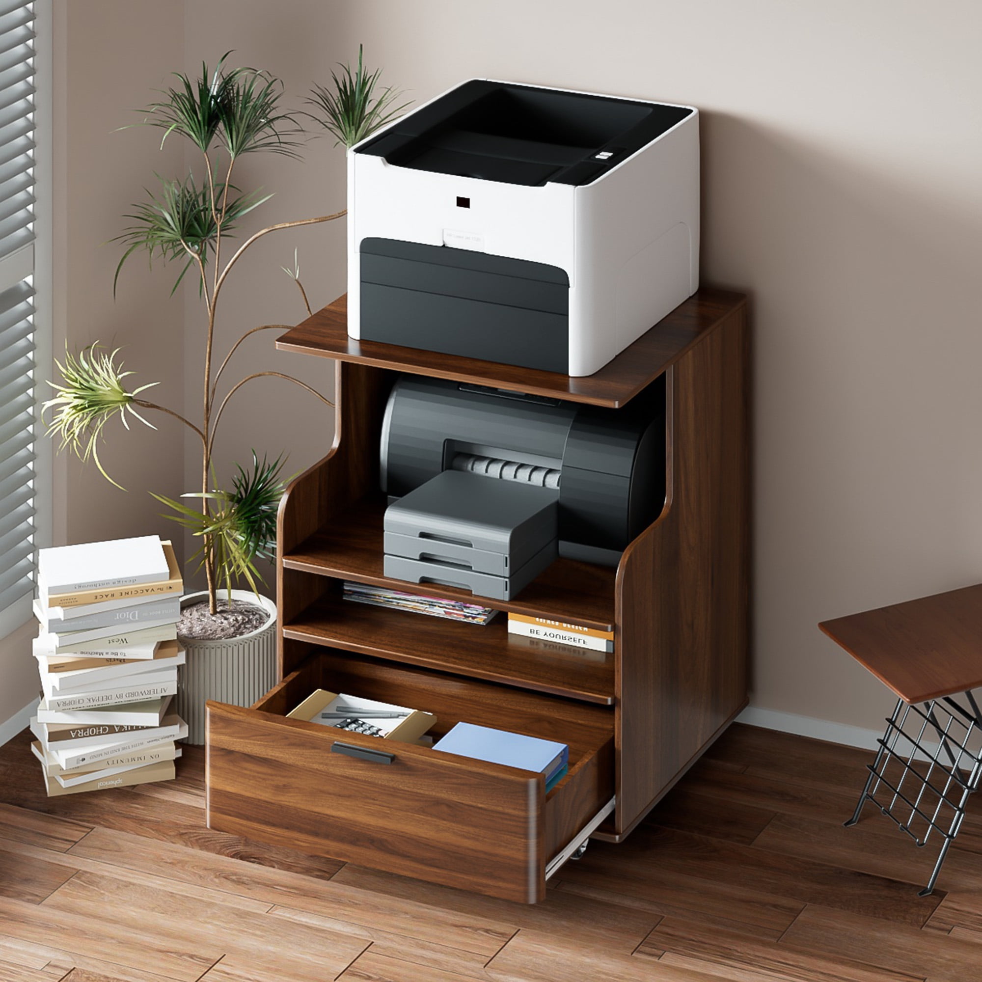 Oubayajia Printer Stand, 3 Tier Rolling Printer Cart with Wheels and Drawer, Stand for Heat Press Mini Fridge for Home Office, Walnut