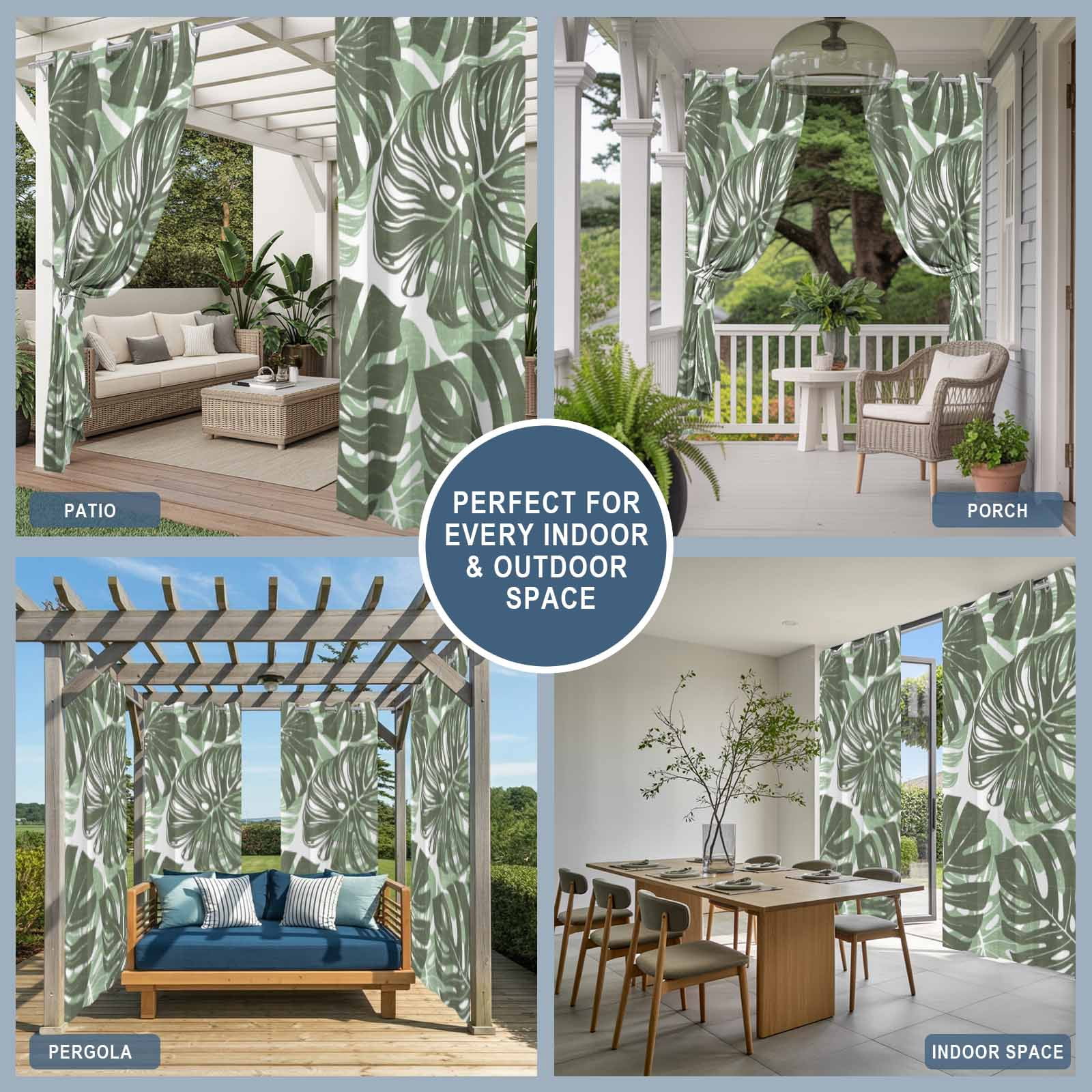 Olive Green Monstera Outdoor Curtains 1 Panel Summer Botanical Tropical Plant Rustic Waterproof Weatherproof Privacy Curtain Thermal Outside Drape for Porch Pergola Patio 54 x 108 Inch