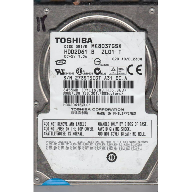 MK8037GSX, A0/DL230M, HDD2D61 B ZL01 T, Toshiba 80GB SATA 2.5 Hard Drive