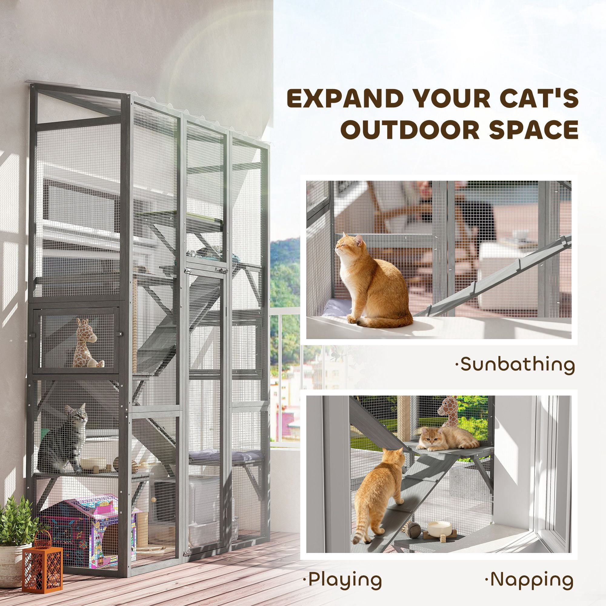 Dranite Outdoor Catio Cat Enclosure, Large Wooden Cat House with 6 Jumping Platforms, Scratching Post, 2 Ramps, for 2-3 Kittens