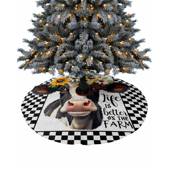Farm Cow Christmas Tree Skirt 48 Inches Large Christmas Skirt Tree, Black and White Plaid Sunflowers Tree Skirt Christmas Decorations for Fireplace Party Holidays Indoor Outdoor