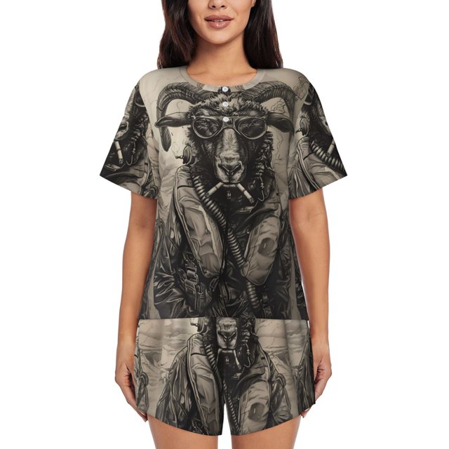 Fotbe Vintage Ram Pilot Conjunto de Pijama Estampado para Mujer, 2 Piezas, Ropa de Dormir con Camiseta de Manga Corta y Shorts Suaves-4X-Large