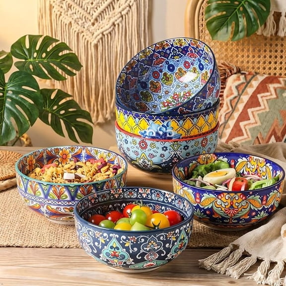 Tikooere Ceramic Cereal Bowls Set of 6, 26 Oz Bohemian Dinner Bowls, Microwave & Dishwasher Safe, for Soup Rice Oatmeal Fruit Ice Cream Dessert, Colorful Kitchen Decor