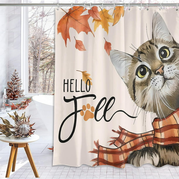 Hello Fall Shower Curtain, Fall Cat Shower Curtains for Bathroom ...