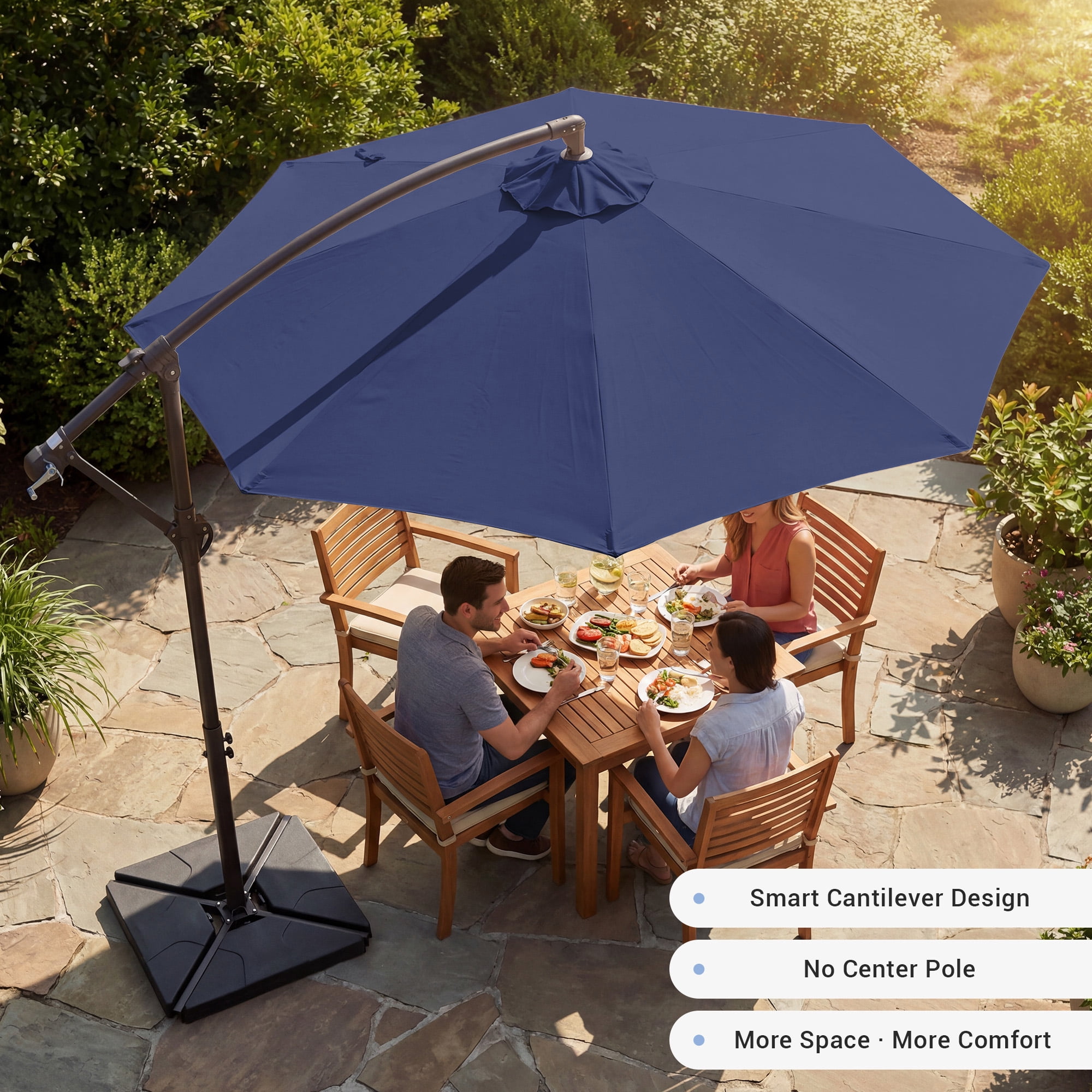 NAPWANT 10ft Cantilever Patio Umbrella with 4-Piece Weighted Base Included, Offset Hanging Umbrella with Crank & Tilt, Navy-Blue