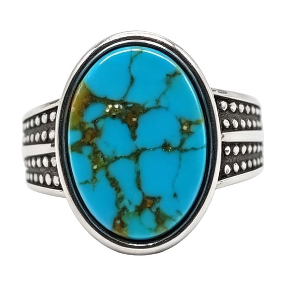 HIRPLIS Men's Oval Gemstone Signet Rings Vintage Double‑Row Dot Textured Band Stainless Steel Engraved Stone Gothic Biker Punk Personalized Gift Jewelry Silver Plated Light Blue 8