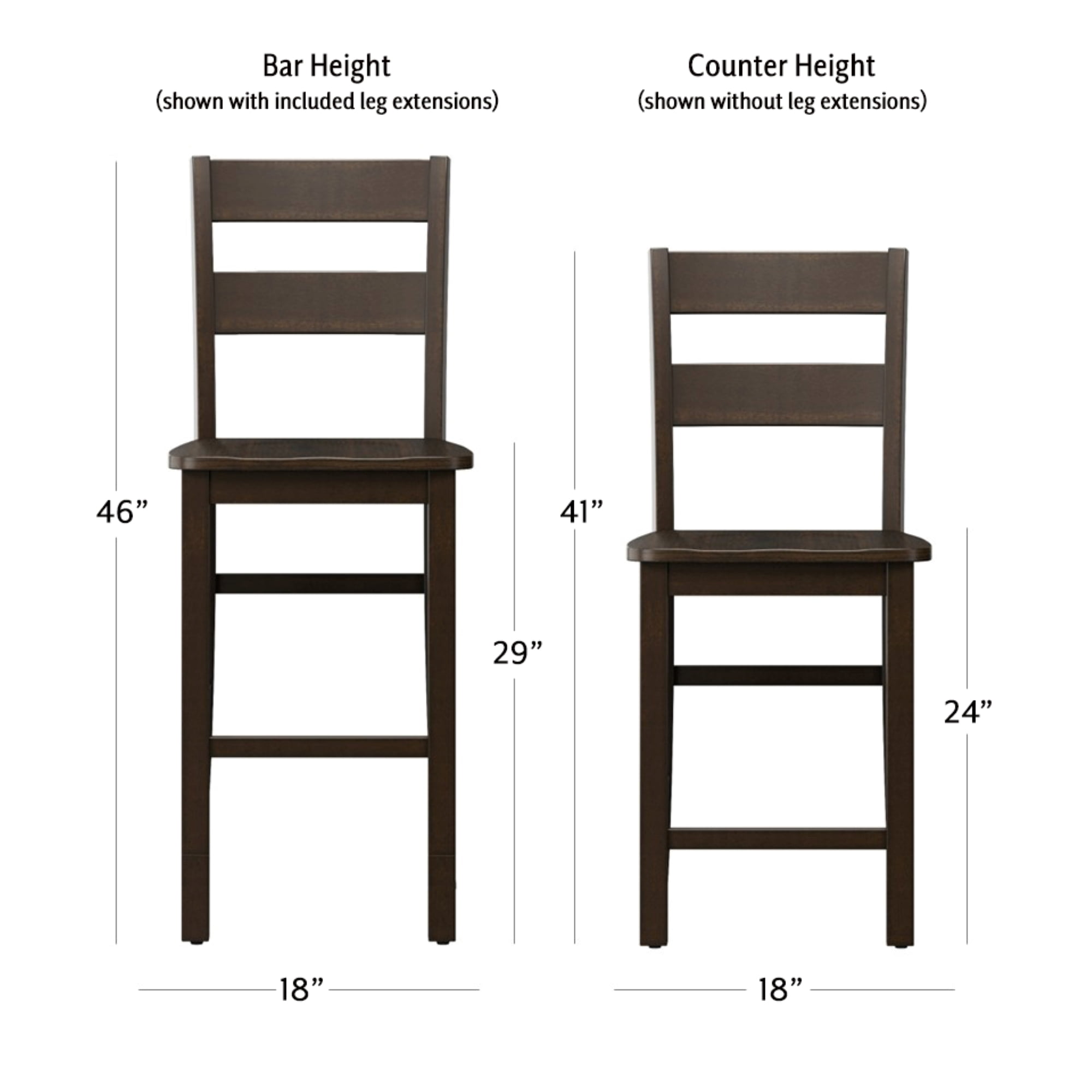 Mainstays Eastwood Full Back Adjustable Height Barstool with Leg Extensions, 2 Pack, Brown