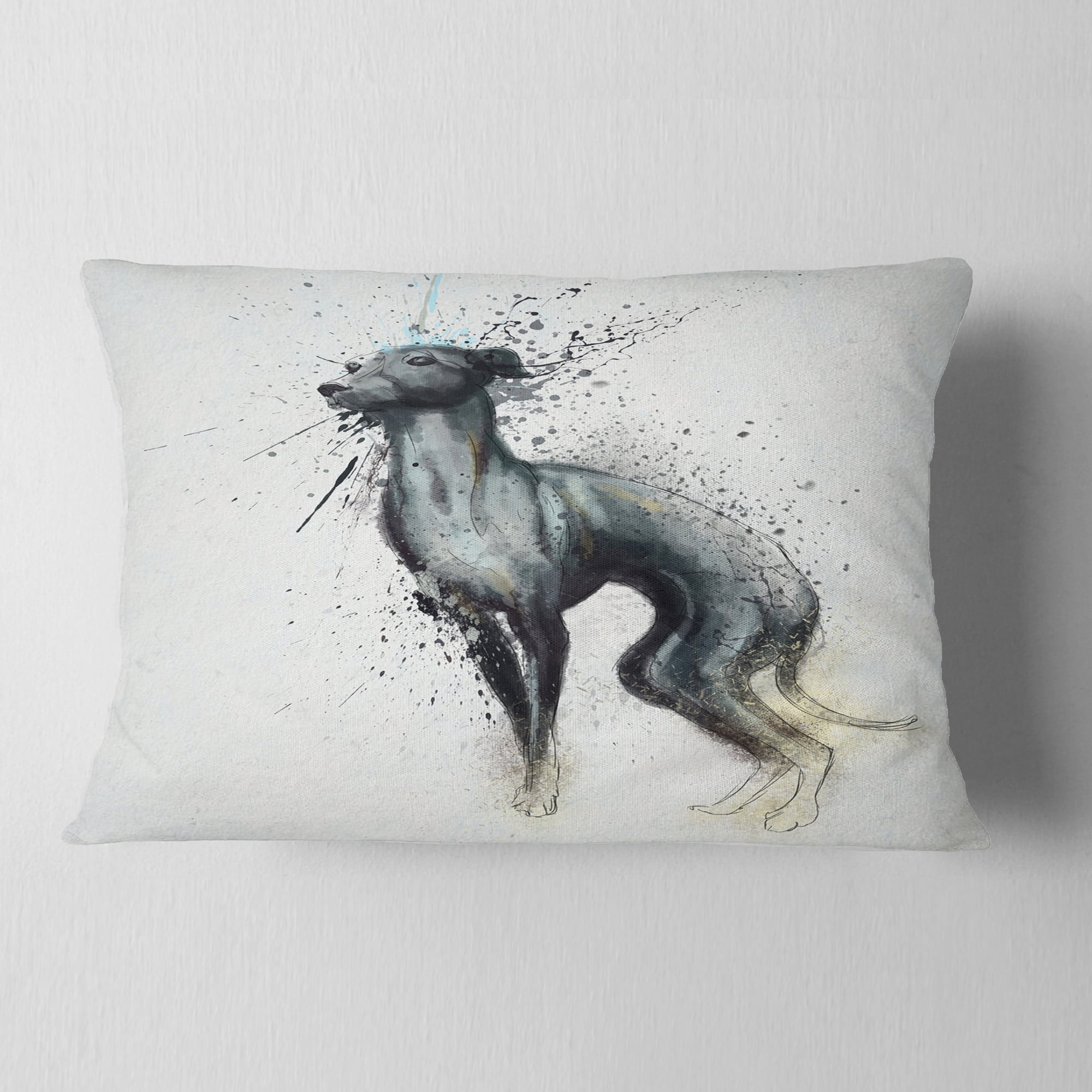 Designart Black Dog Watercolor with Splashes - Animal Throw Pillow - 12x20