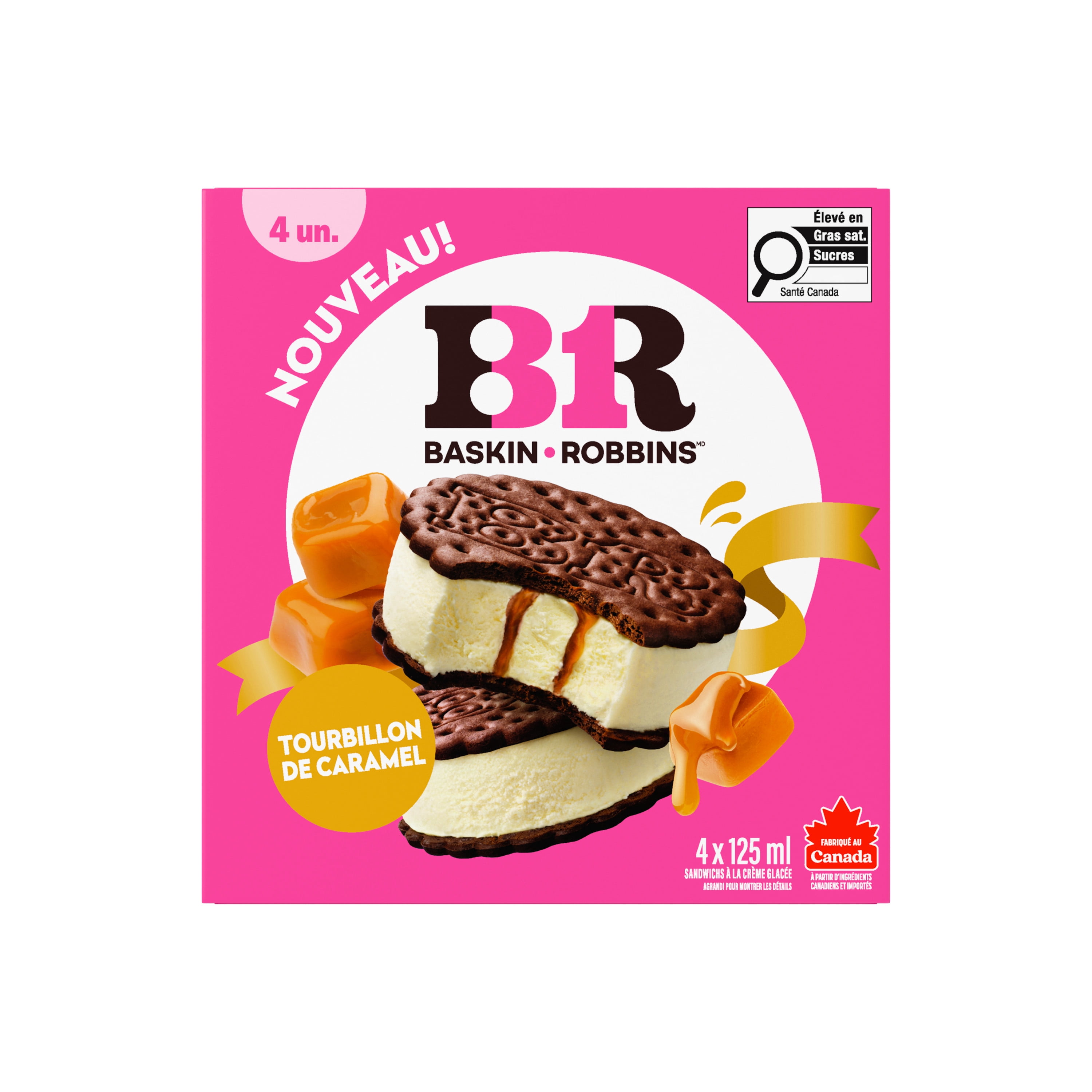 BASKIN ROBBINS Caramel Ribbon Ice Cream Sandwiches, Prepared in Canada with Canadian Dairy, Kosher, 4 x 125 ml