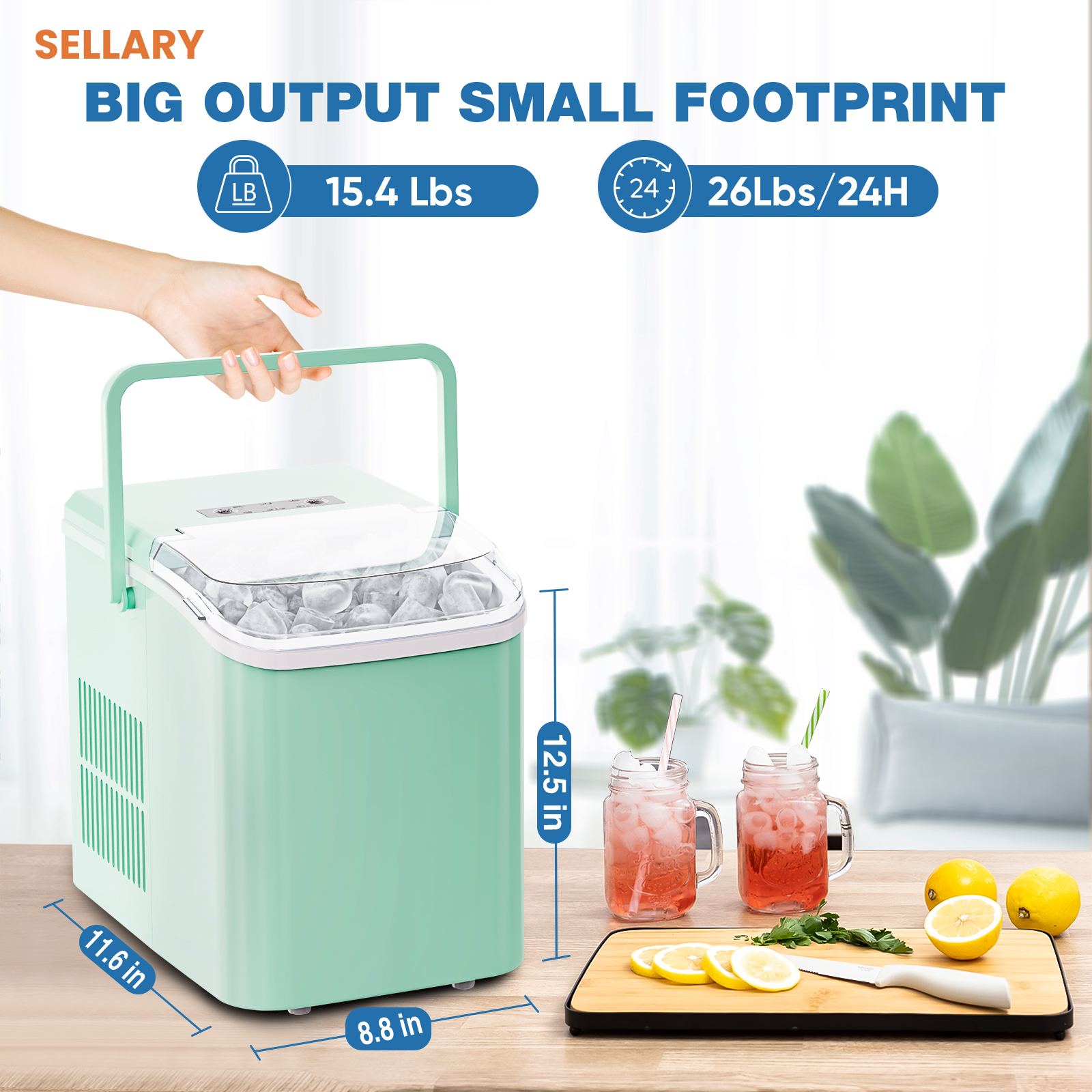 Sellary Portable Countertop Ice Maker, with Handle and Ice Scoop, Green