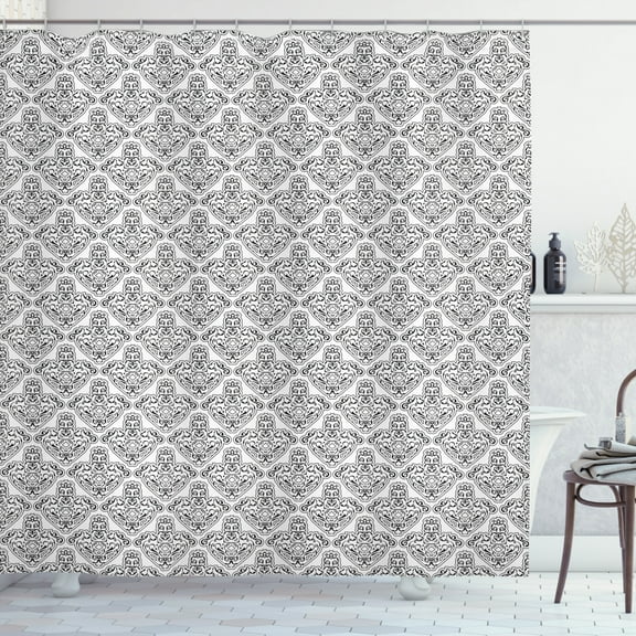 Victorian Shower Curtain, Simplistic Outline Baroque Monochrome Grotesque Motif Repetition, Fabric Bathroom Set with Hooks, 69W X 75L Inches Long, Charcoal Grey White, by Ambesonne