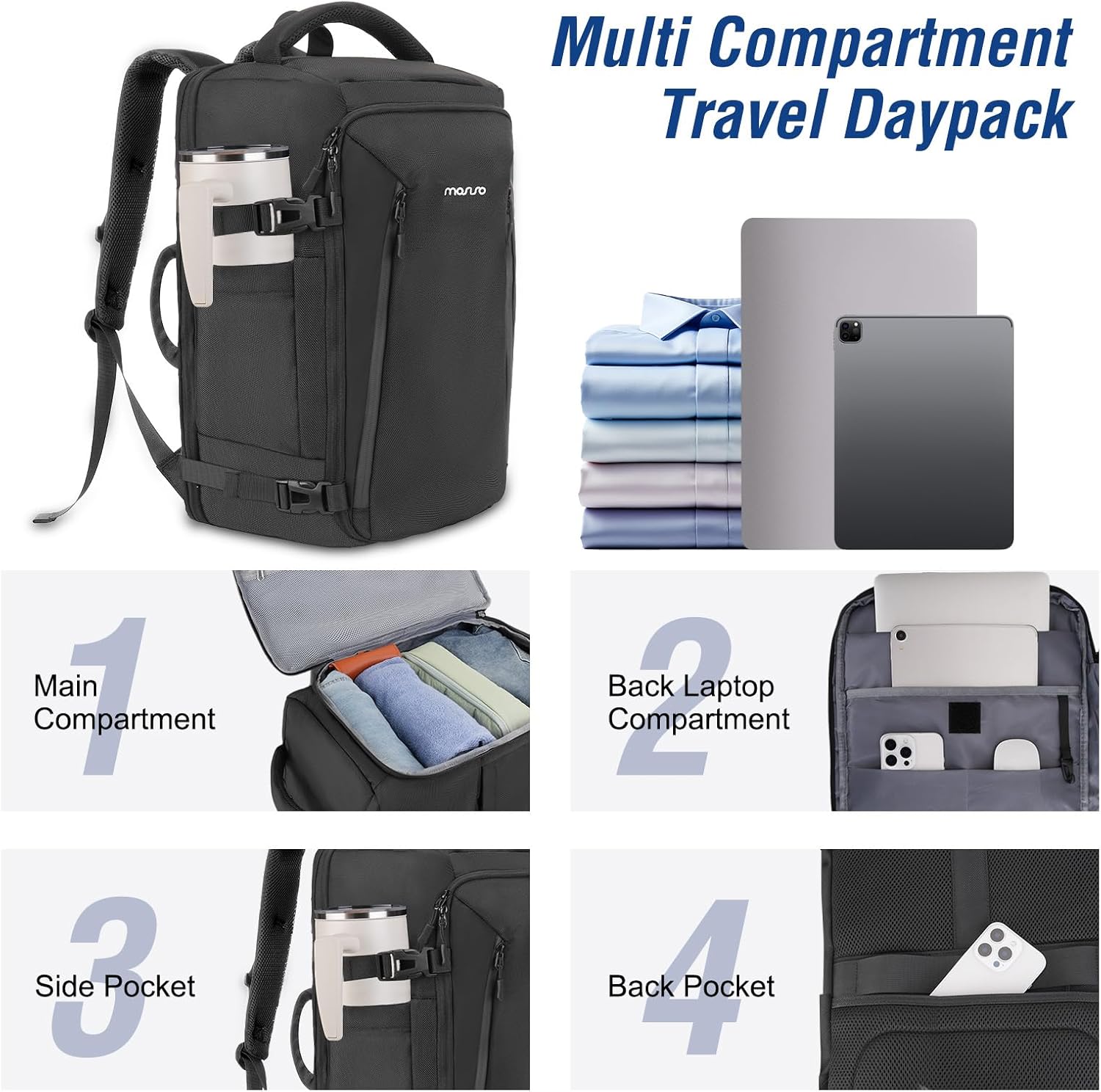 MOSISO Travel Backpack, 40L TSA Friendly Airplane Approved Carry on Daypack with USB Charging Port, Full Open 17-17.3 inch Laptop Bag Personal Item Travel Bag for College Work Business