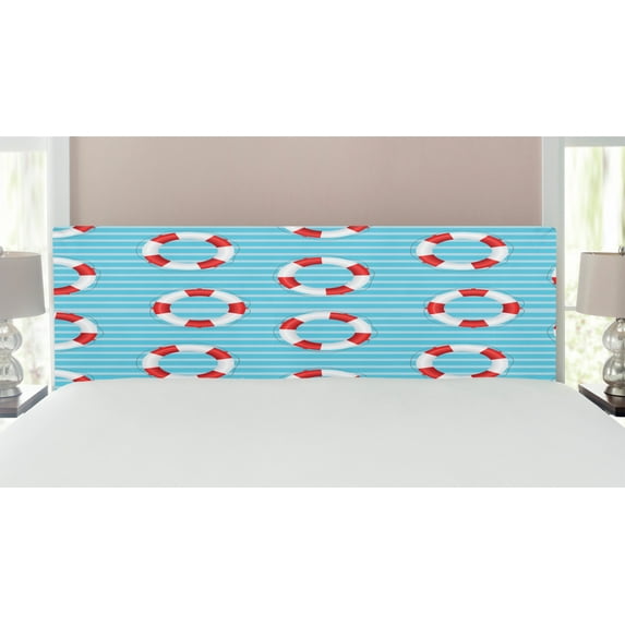 Coastal Headboard, Nautical Sea Themed Composition with Pastel Colored Stripes Background, Upholstered Decorative Metal Bed Headboard with Memory Foam, King Size, Pale Blue White Red, by Ambesonne