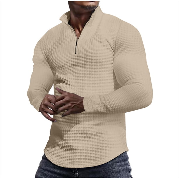 Blusa y camisa de manga larga con cuello alto para hombre, moda de color liso, media cremallera, blusa de manga larga con cuello alto, blusa de poliéster para hombre
