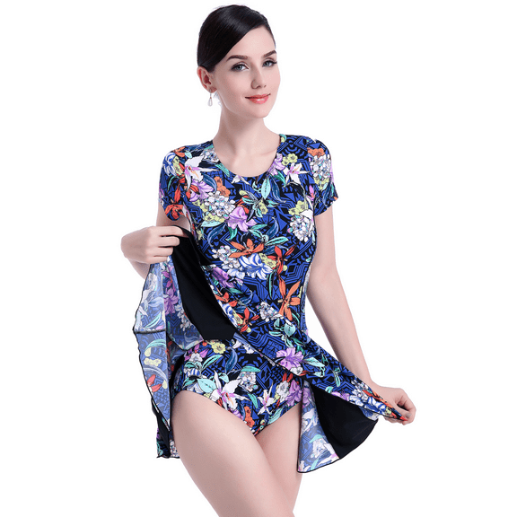 BIMEI Women's One-Piece Mastectomy Swimsuit Pocketed Swimwear Tummy Contro Bathing Suit Skirt Swimdress with Brief 668,Blue,L