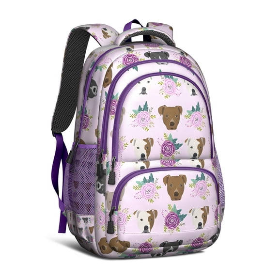 Cute Pitbull Terriers Dog and Flower Backpack for School,Cute School Bag,Schoolbag with Adjustable Shoulder Straps & Padded Back,16.9 Inch