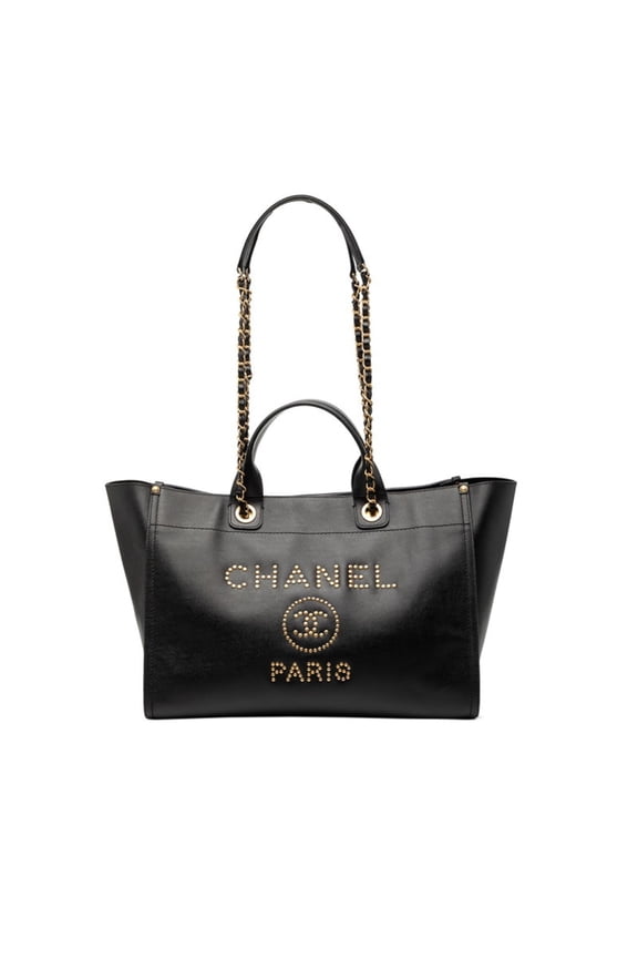 Pre-Owned CHANEL Deauville Logo Stud Tote/Shoulder Bag, 2-Way, 30077, Black Caviar Leather,...