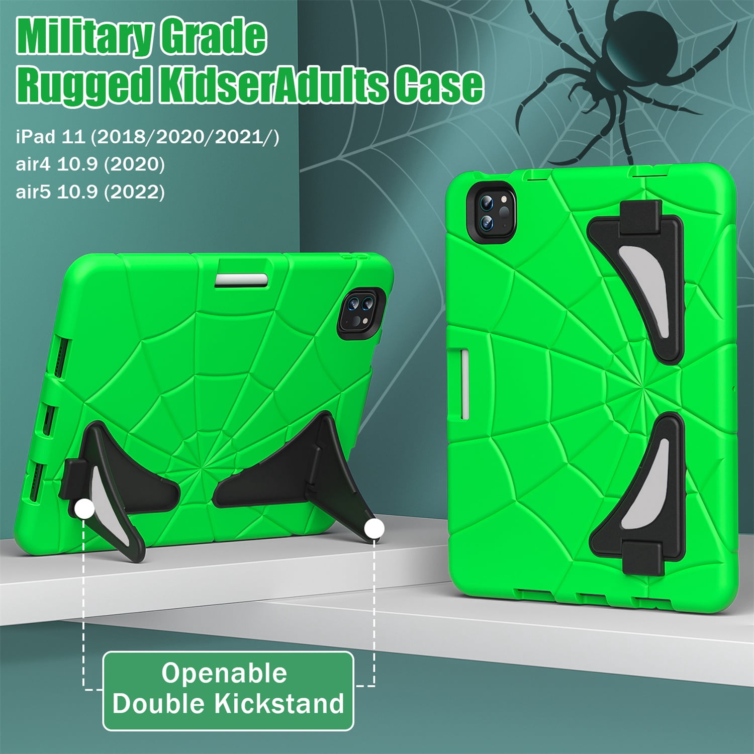 Kids Case for iPad 9th/8th/7th Generation with Pencil Holder, Lightweight Shockproof Stand Anti-Slip Rugged Silicone PC Case Cover for iPad 10.2" 2021/2020/2019 for Boys Girls, Green+Black