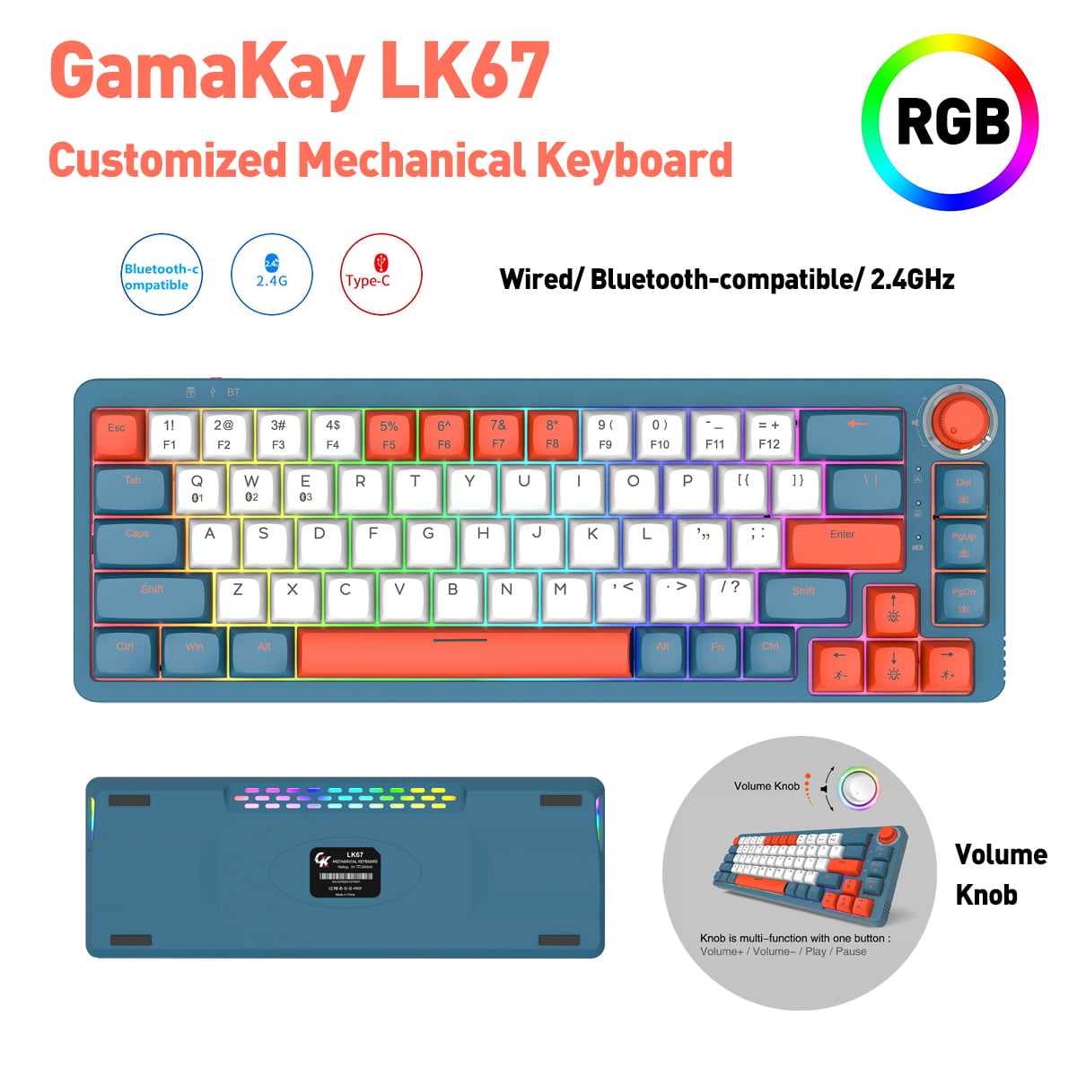 GamaKay LK67 Mechanical Keyboard 67 Keys RGB Gateron Switch Hot Swappable  65% Programmable Triple Mode Wired Bluetooth 5.0 2.4GHz NKRO PBT XDA  Profile 