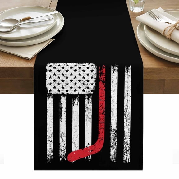 Black American Flag Table Runner - 36 Inch Long, Kitchen Dining Table Runner Dresser Scarves, Vintage Red Hockey Star Strip Flag Farmhouse Decor for Coffee Tables Wedding Party Banquet