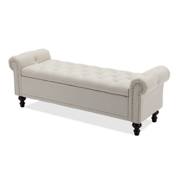 JURANYAZHU 58.1" Upholstered Storage Bench, Ottoman Bench for End of Bed, Fabric Footboard Bench with Lift Top Lid for Bedroom, Living Room, Beige
