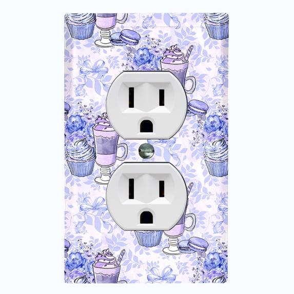 Metal Light Switch Wall Plate Outlet Cover (Coffee Mocha Espresso Chocolate Shake Cupcake Macaron Flower Bouquet Blue Bow - Single Duplex)