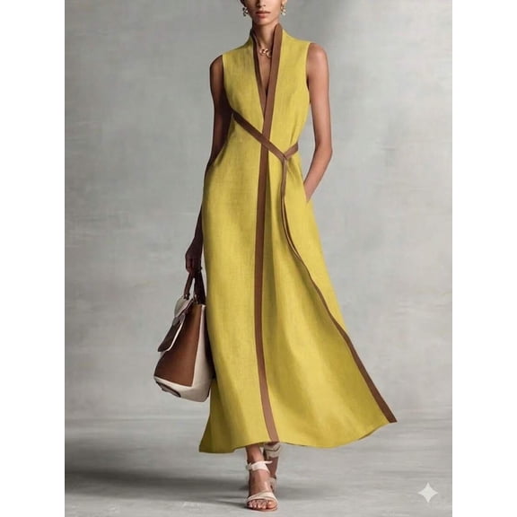 Yellow Linen Maxi Dress Sleeveless V-Neck Wrap Waist A-Line Flowy Dress For Summer Work & Formal Events