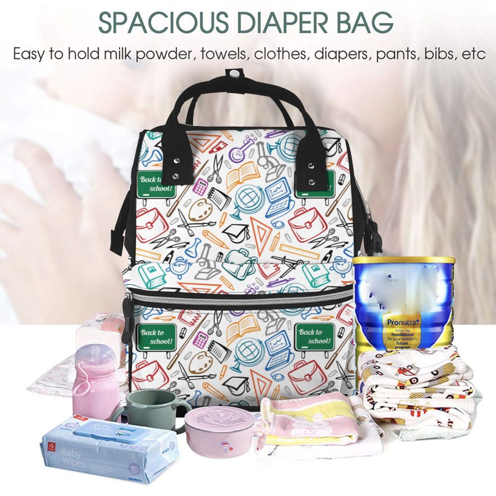 Xecao Back To School print Large Capacity Nappy Bag is a multi-functional waterproof travel backpack, perfect as a nursing bag or mummy backpack for women