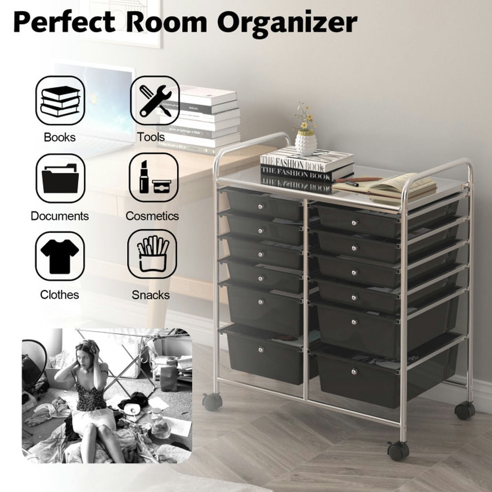 Demi Bonn 12 Drawers Rolling Cart Storage Scrapbook Paper Organizer Bins with 4 Universal Casters, Black
