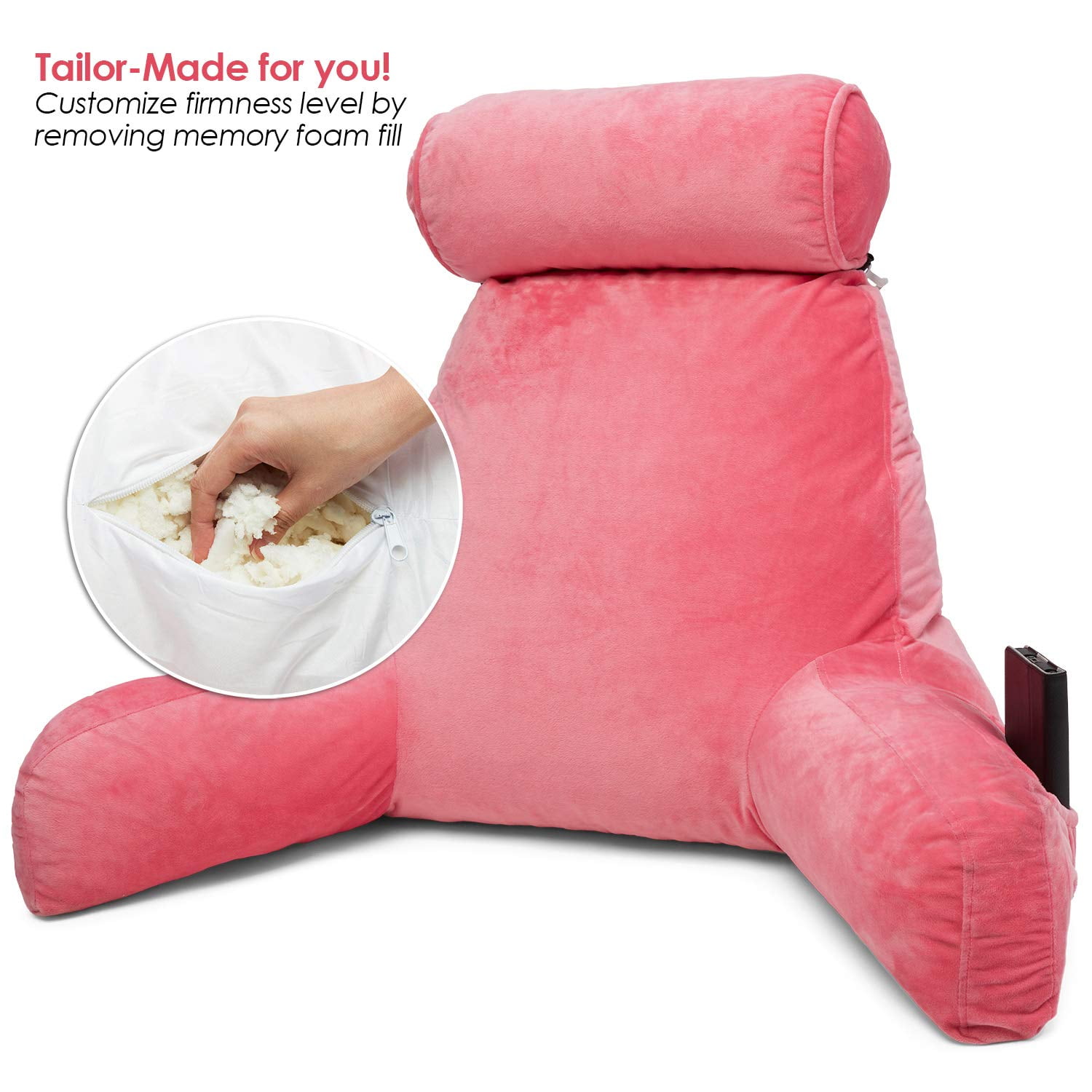 Clara Clark Bed Rest Reading Pillow with Arms and Pockets- Premium Memory Foam Pillow, Large, Pink